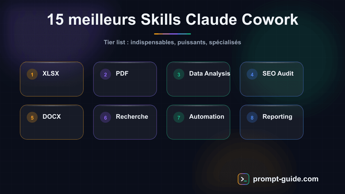 Infographie — Les 15 Meilleurs Skills Claude Cowork a Installer en 2026